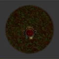 Green Grass Field With Copper Pot And Claw Like Structures On Red Ground