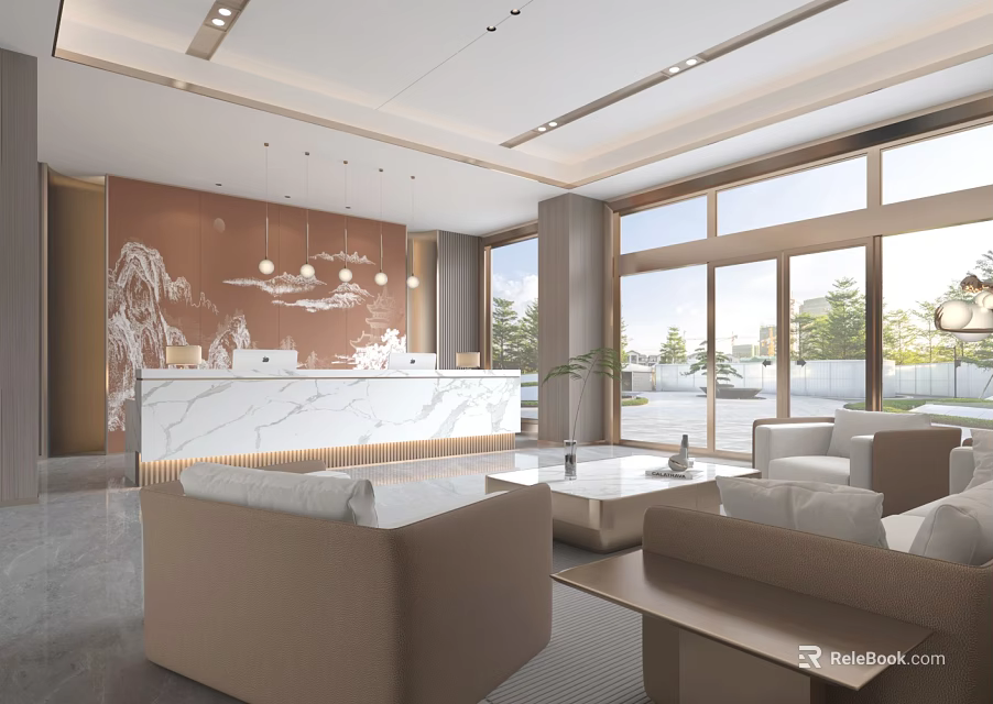 Modern Hotel Lobby Interior Design With Marble Reception Desk Sofa Chandeliers And Natural Light 3d model 