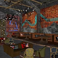 Industrial Style Bar Interior With Brick Walls Colorful Lighting And Comfortable Seats