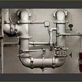 Industrial Wall Mounted Pipe System With White Pipes Valves And Red Equipment