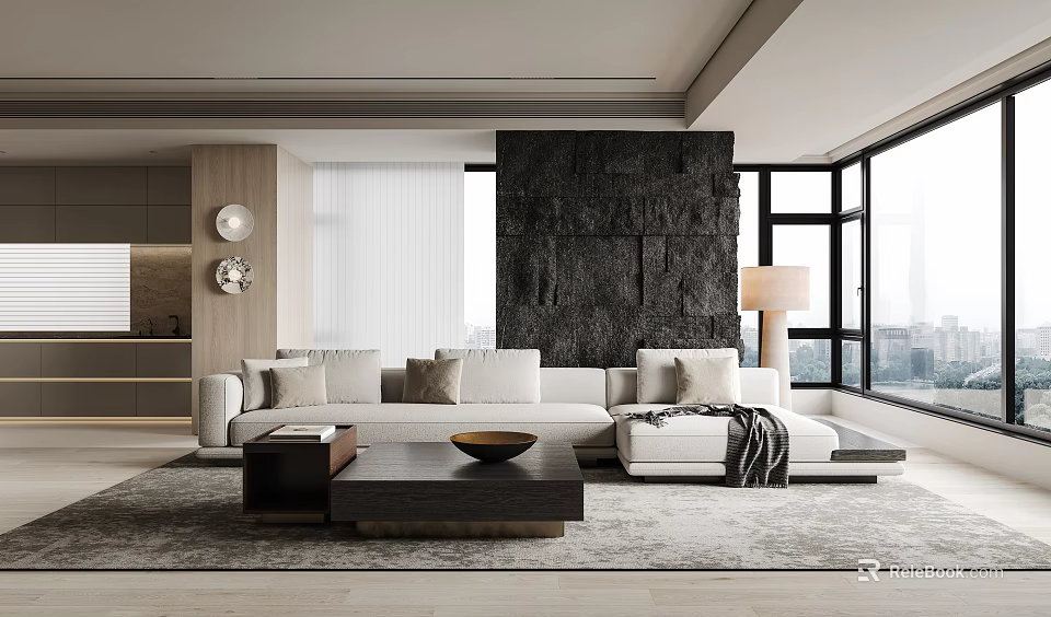 Modern Living Dining Room With Light Sofa Dark Stone Wall Large Windows And City View 3d model 