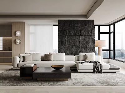 Modern Living Dining Room With Light Sofa Dark Stone Wall Large Windows And City View 3d model