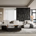 Modern Living Dining Room With Light Sofa Dark Stone Wall Large Windows And City View