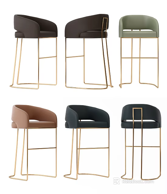 Modern Stylish Bar Stools With Gold Metal Frames And Multiple Colored Upholstered Seats 3d model