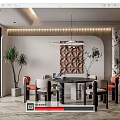 Modern Restaurant Interior With Black Dining Table Orange Beige Chairs Pendant Lights Potted Plants And Geometric Wall Decor
