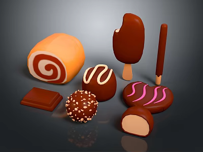 Assorted Chocolate Desserts With Ice Cream Bar Swirl Roll Truffle Nutty Ball And Filled Pieces 3d model