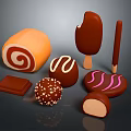Assorted Chocolate Desserts With Ice Cream Bar Swirl Roll Truffle Nutty Ball And Filled Pieces