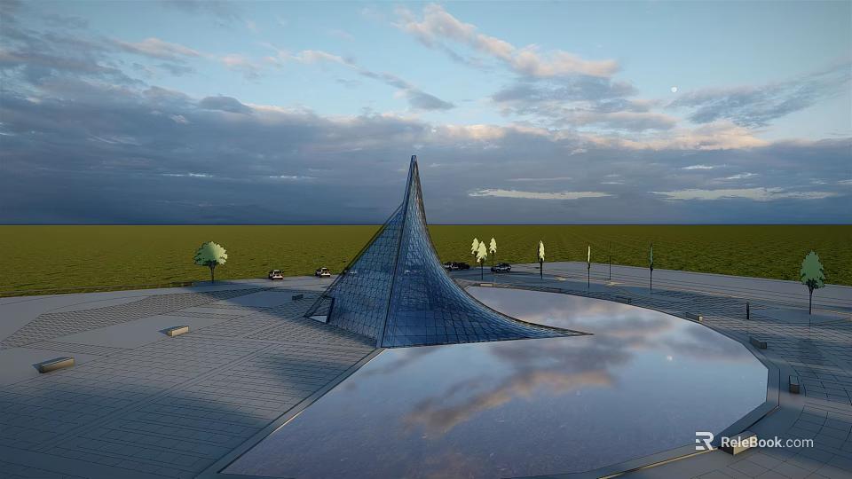 Modern Plaza Landscape Featuring Blue Glass Structure Circular Water Pool And Reflection 3d model 