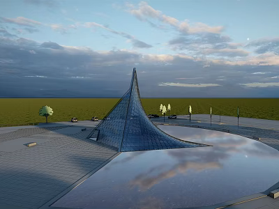 Modern Plaza Landscape Featuring Blue Glass Structure Circular Water Pool And Reflection 3d model