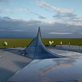 Modern Plaza Landscape Featuring Blue Glass Structure Circular Water Pool And Reflection 3d model