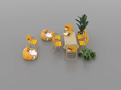 Outdoor Table With Yellow Chairs And Green Plants For Garden Patio Setup 3d model