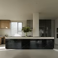Modern Kitchen Interior With Natural Light White Column Light Wood Cabinets And Black Island Countertop