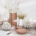 Elegant Tableware Set With Brown Plates Gold Elements And Dried Flower Decorations 3d model