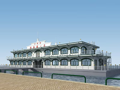 Scenery of Modern Cruise Ship at Dock with Blue Sky and Calm Water Surface 3d model