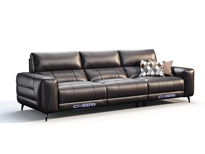 Black Leather Three Seater Sofa With Modern Design And Checkered Pillow By COLETTI 3d model