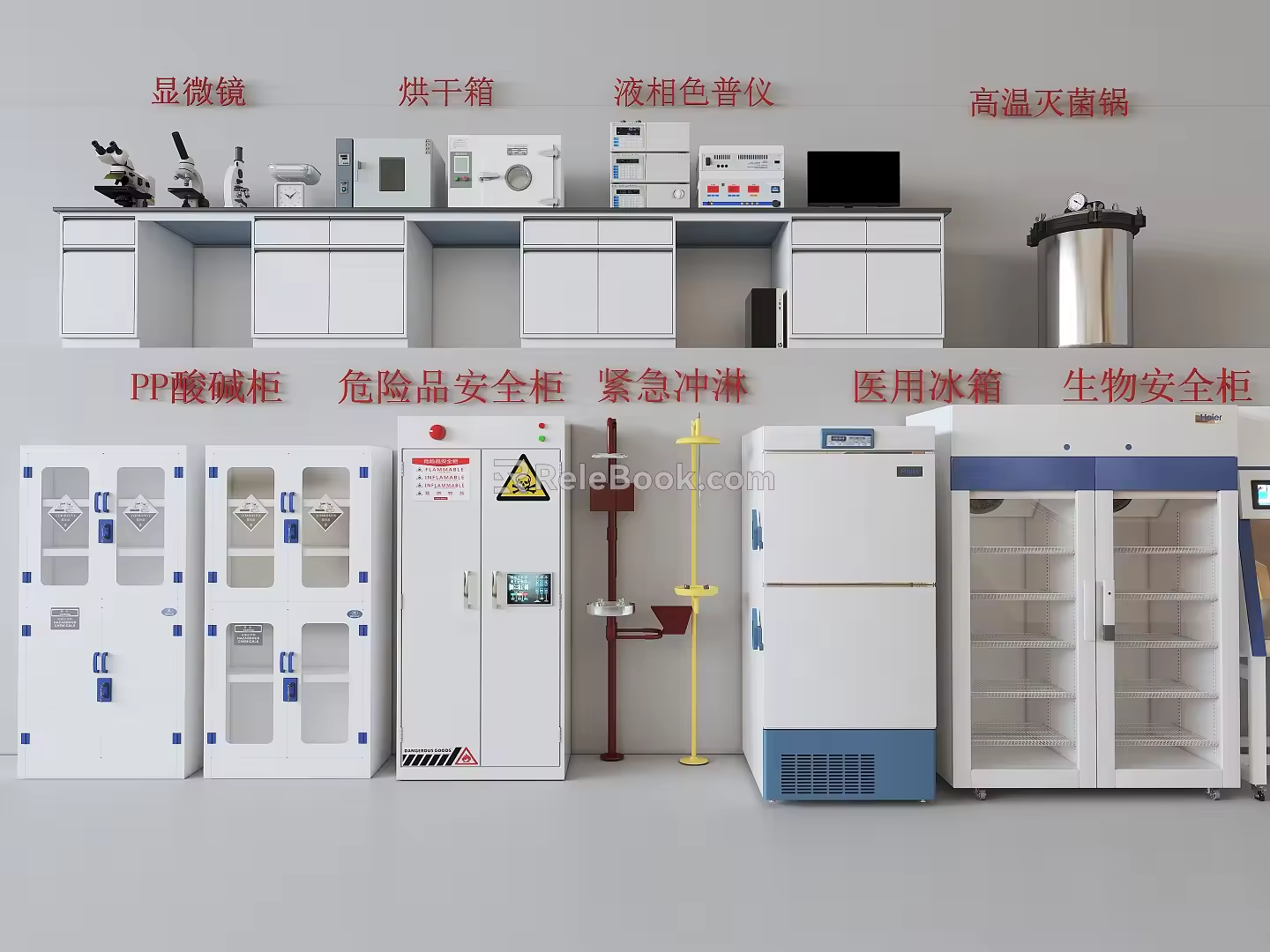 Laboratory equipment PP acid-base cabinet microscope low temperature refrigerator liquid color palette instrument emergency shower 3d model