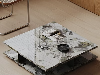 Modern Two Tiered Marble Coffee Table With Magazines And Decorative Tray 3d model