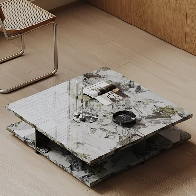 Modern Two Tiered Marble Coffee Table With Magazines And Decorative Tray 3d model