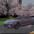 Light Purple Coupe Parked On Street With Cherry Blossom Trees And Red Brick Clock Tower