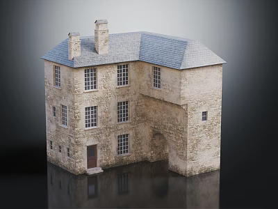 Historical Two Story Stone Building Model With Gray Roof Arched Entrance And Multiple Windows 3d model