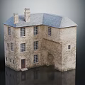 Historical Two Story Stone Building Model With Gray Roof Arched Entrance And Multiple Windows