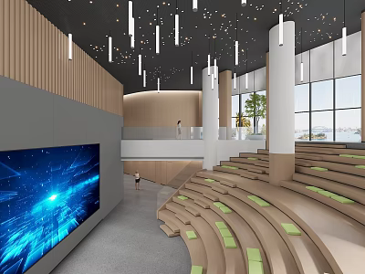 Modern Lounge Area With Staircase Seating Large Screen Linear Lights And Windows 3d model