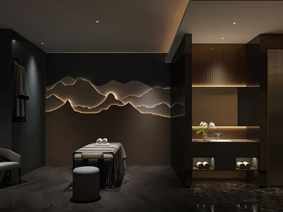 SPA Sauna Modern Interior With Mountain Patterned Wall Wooden Shelves Massage Table And Soft Lighting 3d model