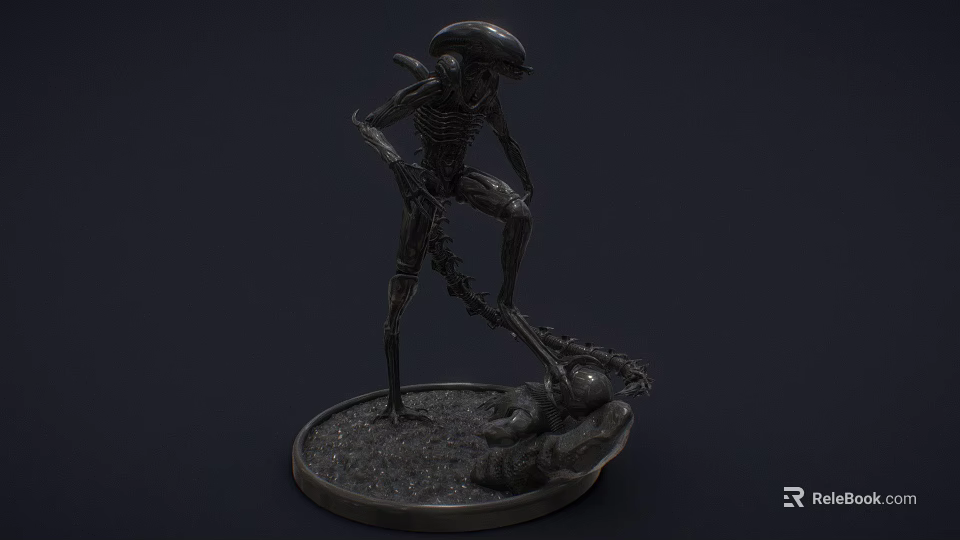 Game Movie Alien Character Sculpture With Exoskeleton Menacing Pose On Base Stand 3d model 