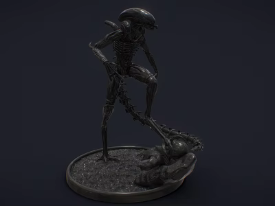 Game Movie Alien Character Sculpture With Exoskeleton Menacing Pose On Base Stand 3d model