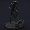 Game Movie Alien Character Sculpture With Exoskeleton Menacing Pose On Base Stand