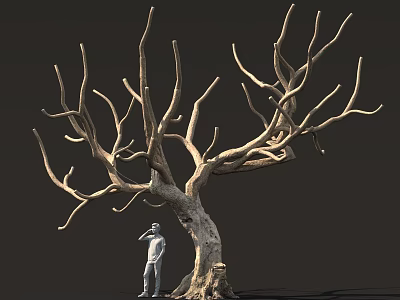 Tall Leafless Tree With Thick Trunk And Twisted Branches Beside Standing Small Statue Figure 3d model