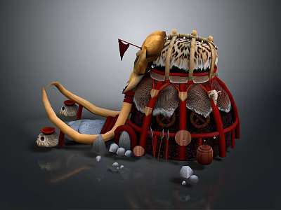 Tribal Tent Structure With Red Frame Animal Fur Roof Ivory Tusks And Wooden Barrel 3d model