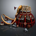Tribal Tent Structure With Red Frame Animal Fur Roof Ivory Tusks And Wooden Barrel