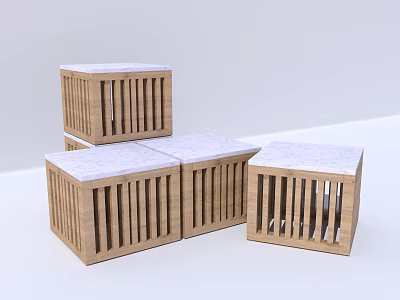 Wooden Square Stools With White Marble Tops And Vertical Slat Design 3d model
