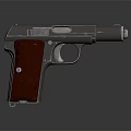 Vintage Metallic Pistol Featuring Red Textured Grip And Dark Background Reflection 3d model