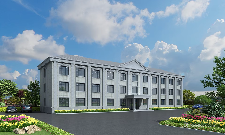 Modern Gray Office Building Exterior With Landscaped Lawn Flower Beds And Blue Sky Clouds 3d model 