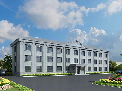 Modern Gray Office Building Exterior With Landscaped Lawn Flower Beds And Blue Sky Clouds 3d model