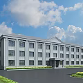 Modern Gray Office Building Exterior With Landscaped Lawn Flower Beds And Blue Sky Clouds