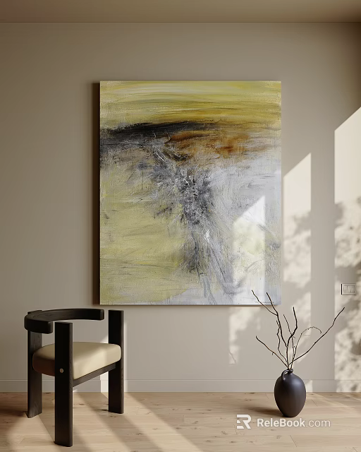 Modern Abstract Painting With Yellow Gray Black Tones Wall Hanging Near Chair And Dry Branch 3d model 