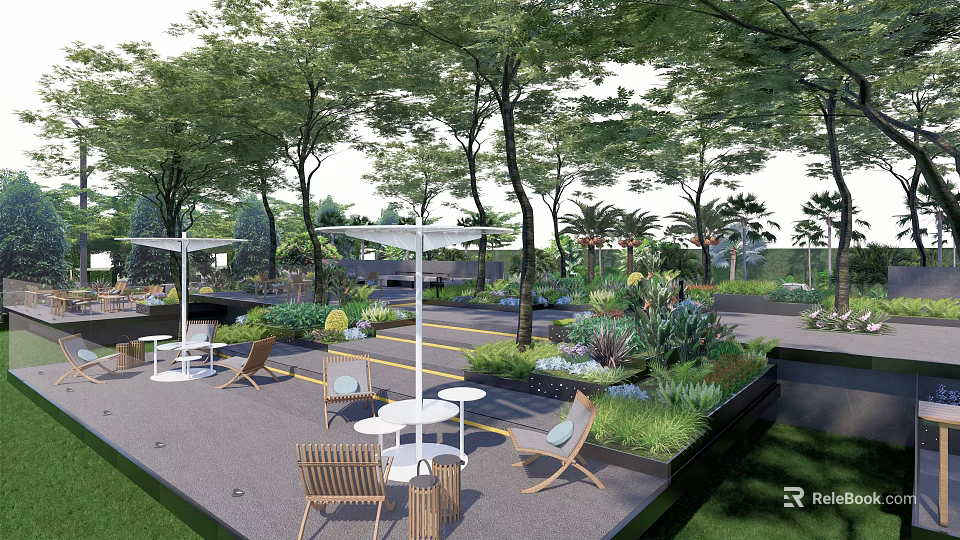 Outdoor Landscape Seats Surrounded by Trees and Green Plants in Garden Area with Tables 3d model 