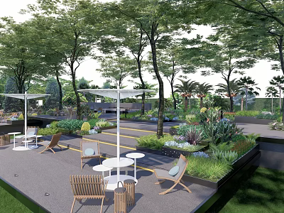 Outdoor Landscape Seats Surrounded by Trees and Green Plants in Garden Area with Tables 3d model