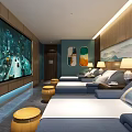 Chinese Style SPA Sauna Room with Wooden Loungers Landscape Painting and Green Curtains