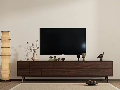 Dark Wooden TV Stand With Flat Screen TV Decorative Vases And Floor Lamp 3d model