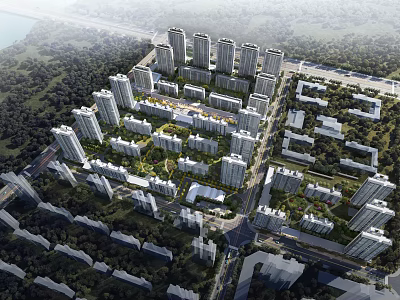 Aerial View Residential Planning With High Rise Buildings Green Spaces And Roads 3d model