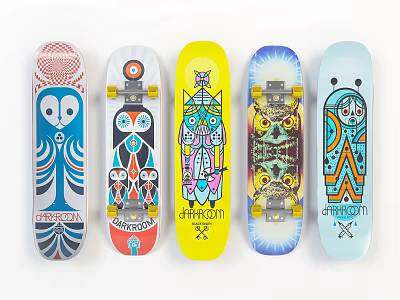 Colorful Skateboard Decks With Unique Artistic Designs And Brand Logos 3d model