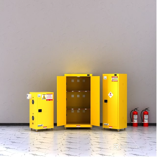 Yellow Safety Storage Cabinets With Open Doors And Red Fire Extinguishers 3d model 