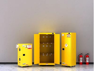 Yellow Safety Storage Cabinets With Open Doors And Red Fire Extinguishers 3d model