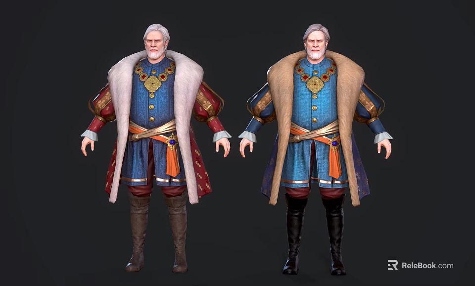 Medieval Royal Men in Blue Fur Trimmed Costumes with Leather Boots 3d model 