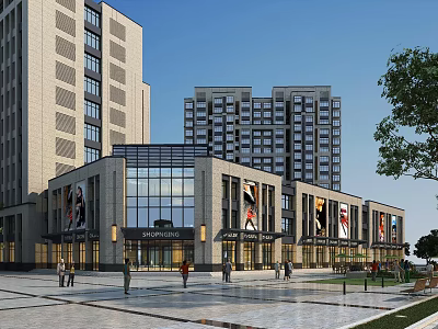 Modern Shopping Street With Glass Facades High Rise Buildings Pedestrians On Open Plaza Area 3d model