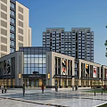 Modern Shopping Street With Glass Facades High Rise Buildings Pedestrians On Open Plaza Area